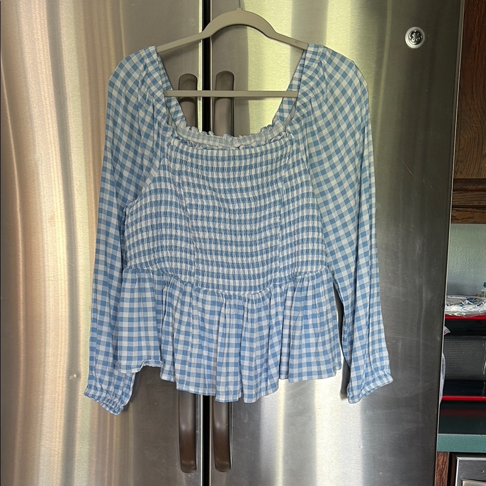 Torrid Blue and White Peplum Blouse with Long Sleeves
